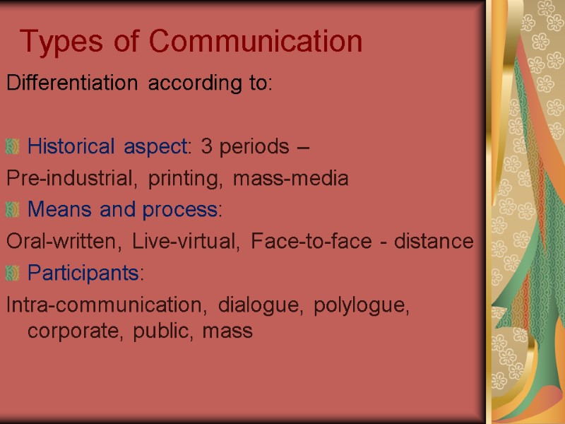 Types of Communication Differentiation according to:  Historical aspect: 3 periods – Pre-industrial, printing,